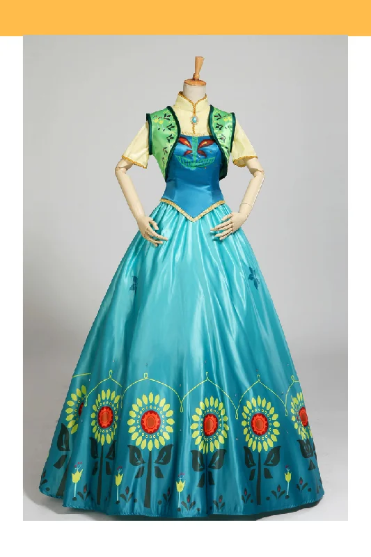 Frozen Fever Anna Turquoise Satin Embroidered Cosplay Costume