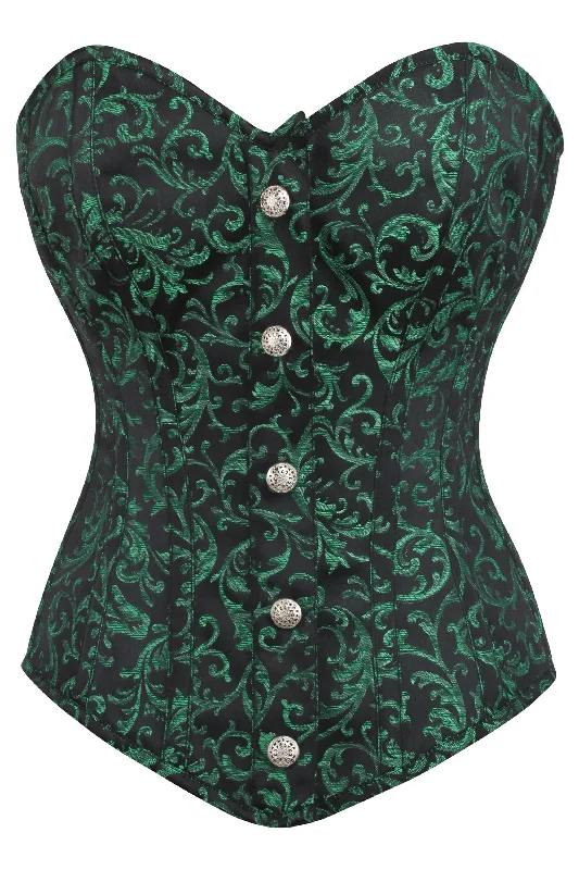 Hibbert Green & Black Brocade Corset With Front Zip & Button Details