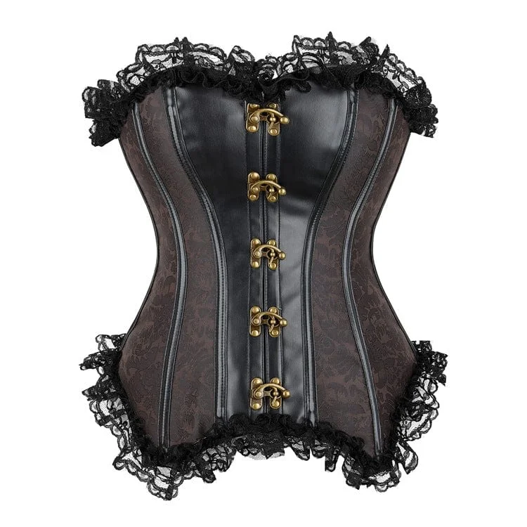 Women's Gothic Faux Leather Splice Lace Overbust Corset