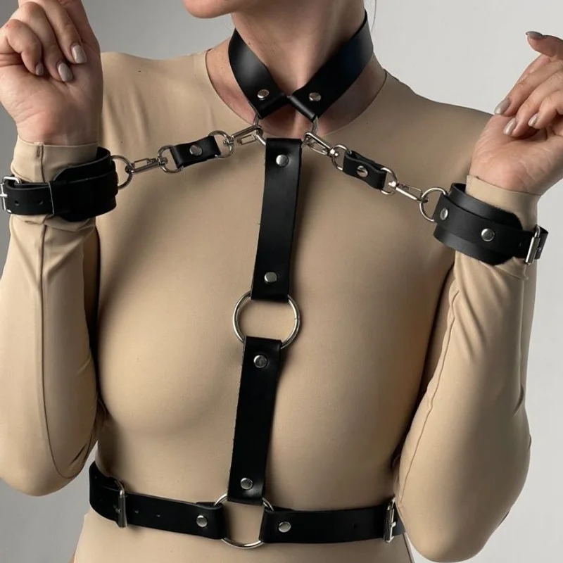 PU Leather Harness Top with Handcuffs