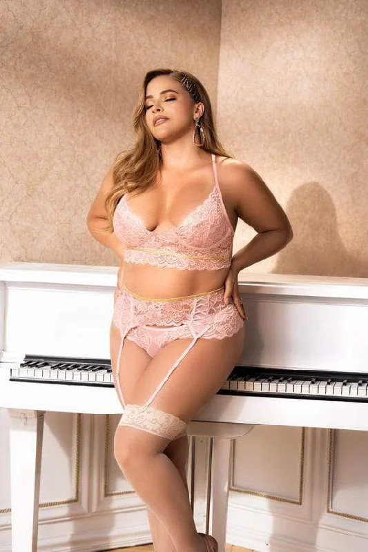 Pink Lace Strappy Top w/ Interlaced Ribbon Garter & Thong (Plus Size)